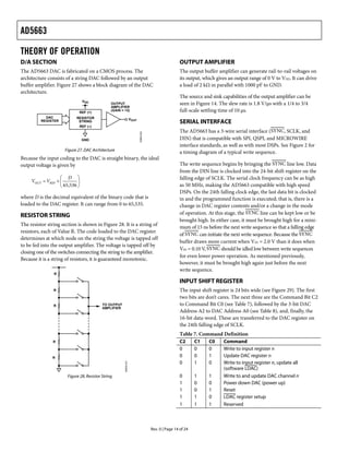 AD5663
Rev. 0 | Page 14 of 24
THEORY OF OPERATION
D/A SECTION
The AD5663 DAC is fabricated on a CMOS process. The
architecture consists of a string DAC followed by an output
buffer amplifier. Figure 27 shows a block diagram of the DAC
architecture.
DAC
REGISTER
RESISTOR
STRING
REF (+)
VDD
GND
REF (–)
VOUT
OUTPUT
AMPLIFIER
(GAIN = +2)
05855-032
Figure 27. DAC Architecture
Because the input coding to the DAC is straight binary, the ideal
output voltage is given by
⎟
⎠
⎞
⎜
⎝
⎛
×
=
65,536
D
V
V REF
OUT
where D is the decimal equivalent of the binary code that is
loaded to the DAC register. It can range from 0 to 65,535.
RESISTOR STRING
The resistor string section is shown in Figure 28. It is a string of
resistors, each of Value R. The code loaded to the DAC register
determines at which node on the string the voltage is tapped off
to be fed into the output amplifier. The voltage is tapped off by
closing one of the switches connecting the string to the amplifier.
Because it is a string of resistors, it is guaranteed monotonic.
R
R
R
R
R TO OUTPUT
AMPLIFIER
05855-033
Figure 28. Resistor String
OUTPUT AMPLIFIER
The output buffer amplifier can generate rail-to-rail voltages on
its output, which gives an output range of 0 V to VDD. It can drive
a load of 2 kΩ in parallel with 1000 pF to GND.
The source and sink capabilities of the output amplifier can be
seen in Figure 14. The slew rate is 1.8 V/μs with a 1/4 to 3/4
full-scale settling time of 10 μs.
SERIAL INTERFACE
The AD5663 has a 3-wire serial interface (SYNC, SCLK, and
DIN) that is compatible with SPI, QSPI, and MICROWIRE
interface standards, as well as with most DSPs. See Figure 2 for
a timing diagram of a typical write sequence.
The write sequence begins by bringing the SYNC line low. Data
from the DIN line is clocked into the 24-bit shift register on the
falling edge of SCLK. The serial clock frequency can be as high
as 50 MHz, making the AD5663 compatible with high speed
DSPs. On the 24th falling clock edge, the last data bit is clocked
in and the programmed function is executed; that is, there is a
change in DAC register contents and/or a change in the mode
of operation. At this stage, the SYNC line can be kept low or be
brought high. In either case, it must be brought high for a mini-
mum of 15 ns before the next write sequence so that a falling edge
of SYNC can initiate the next write sequence. Because the SYNC
buffer draws more current when VIN = 2.0 V than it does when
VIN = 0.10 V, SYNC should be idled low between write sequences
for even lower power operation. As mentioned previously,
however, it must be brought high again just before the next
write sequence.
INPUT SHIFT REGISTER
The input shift register is 24 bits wide (see Figure 29). The first
two bits are don’t cares. The next three are the Command Bit C2
to Command Bit C0 (see Table 7), followed by the 3-bit DAC
Address A2 to DAC Address A0 (see Table 8), and, finally, the
16-bit data-word. These are transferred to the DAC register on
the 24th falling edge of SCLK.
Table 7. Command Definition
C2 C1 C0 Command
0 0 0 Write to input register n
0 0 1 Update DAC register n
0 1 0 Write to input register n, update all
(software LDAC)
0 1 1 Write to and update DAC channel n
1 0 0 Power down DAC (power up)
1 0 1 Reset
1 1 0 LDAC register setup
1 1 1 Reserved
 