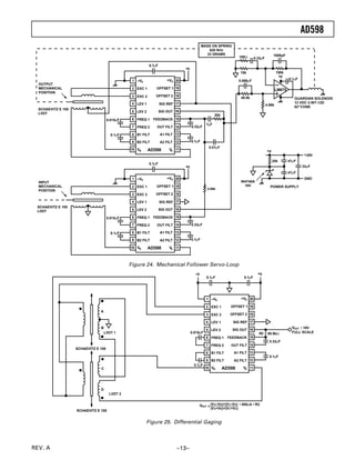 AD598
REV. A –13–
EXC 1
EXC 2
LEV 1
LEV 2
FREQ 1
FREQ 2
B1 FILT
B2 FILT
OFFSET 1
OFFSET 2
SIG REF
SIG OUT
FEEDBACK
OUT FILT
A1 FILT
A2 FILT
AD598
0.1µF
–VS +VS1
2
3
4
5
6
7
8
9
10 11
12
13
14
16
15
17
18
19
20
VB VA
+V
0.015µF
0.1µF
0.1µF
0.33µF
0.01µF
1µF
30k
OUTPUT
MECHANICAL
POSITION
SCHAEVITZ E 100
LVDT
100Ω
10k
0.33µF
1000pF
150k
0.1µF
+V
MASS ON SPRING
620 N/m
33 GRAMS
0.068µF
49.9k
4.99k
20k 47µF
47µF
33µF
+25V
GND
POWER SUPPLY
+V
LM675
EXC 1
EXC 2
LEV 1
LEV 2
FREQ 1
FREQ 2
B1 FILT
B2 FILT
OFFSET 1
OFFSET 2
SIG REF
SIG OUT
FEEDBACK
OUT FILT
A1 FILT
A2 FILT
AD598
0.1µF
–VS +VS1
2
3
4
5
6
7
8
9
10 11
12
13
14
16
15
17
18
19
20
VB VA
+V
0.015µF
0.1µF
0.1µF
0.33µF
INPUT
MECHANICAL
POSITION
SCHAEVITZ E 100
LVDT
4.99k
IN4740A
10V
GUARDIAN SOLENOID
12 VDC 2-INT-12D
62 CONE
Figure 24. Mechanical Follower Servo-Loop
EXC 1
EXC 2
LEV 1
LEV 2
FREQ 1
FREQ 2
B1 FILT
B2 FILT
OFFSET 1
OFFSET 2
SIG REF
SIG OUT
FEEDBACK
OUT FILT
A1 FILT
A2 FILT
AD598
–VS +VS1
2
3
4
5
6
7
8
9
10 11
12
13
14
16
15
17
18
19
20
VB VA
0.015µF
0.1µF
0.33µF
0.1µF
–V
0.1µF 0.1µF
+V
R2 80.9kΩ
A
B
LVDT 1
C
D
LVDT 2
SCHAEVITZ E 100
VOUT =
(VA–VB)+(VC–VD)
(VA+VB)+(VC+VD)
• 500µA • R2
SCHAEVITZ E 100
VOUT ± 10V
FULL SCALE
Figure 25. Differential Gaging
 