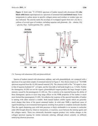 Molecules 2011, 16 1246
Figure 3. Solid state 13
C CP-MAS spectrum of leather tanned with chromium (III) (the
black solid trace) superimposed on a spectrum of untanned hide (red dotted trace). Some
assignments to carbon atoms in specific collagen amino acid residues or residue types are
also indicated. The asterisk marks the envelope of overlapped signals from inter alia the α-
carbons of several types of residues, including aspartate and glutamate. Ala – alanine, Gly
– glycine, Hyp – hydroxyproline, Pro – proline.
2.4. Tanning with aluminium (III) and glutaraldehyde
Spectra of leathers tanned with aluminium sulphate, and with glutaraldehyde, are compared with a
spectrum of an equivalent sample of untanned material in Figure 4. Also shown (inset) is an 27
Al-NMR
spectrum acquired from the Al (III) tanned material [39]. The chemical shift of the 27
Al signal is close
to that of aqueous hydrated Al3+
at 0 ppm, and the linewidth at half peak height is ca. 1.8 kHz. Neither
the diamagnetic Al (III) ion nor the organic glutaraldehyde reagent produce the large changes in peak
intensity caused by the paramagnetic Cr (III) ion. This is entirely to be expected because the ability of
these diamagnetic species to exert long range effects on the NMR properties of the leather is much
more limited than paramagnetic Cr (III). Nevertheless the response of the spectral linewidths of leather
to tanning with either material is notable. Both tanned leathers exhibit signals which are generally
much sharper than those of the parent untanned leather. In solid state NMR a significant cause of
signal broadening is environmental heterogeneity resulting from partial or complete molecular disorder.
Thus the signal sharpening seen with both processes is likely attributable to an increase in molecular
order [40] brought about by whatever interactions, or reactions, occur between the tanning agents and
the collagen matrix. These two chemically dissimilar reagents produce very similar changes in the
collagen spectrum arguing for similar molecular ordering, although almost certainly via different
underlying chemical processes.
 
