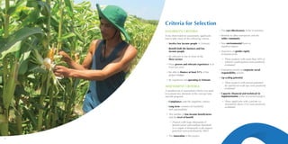 10 11
Criteria for Selection
ELIGIBILITY CRITERIA
To be short-listed for assessment, applicants
had to fully meet all the following criteria:
•• Involve low income people in Vietnam
•• Benefit both the business and low
income people
•• Be relevant to one or more of the
three sectors
•• Have proven and relevant experience of at
least two years
•• Be able to finance at least 51% of the
project budget
•• Be registered and operating in Vietnam
ASSESSMENT CRITERIA
A standard set of assessment criteria was used
to evaluate key elements of the concept note
and full proposal:
•• Compliance with the eligibility criteria
•• Long term commercial feasibility
and sustainability
•• The number of low-income beneficiaries
and the level of benefit
•• Projects with large (thousands of
beneficiaries) and medium (hundreds
to a couple of thousands) scale impact
potential were prioritised by VBCF
•• The innovation in the project
•• The cost effectiveness of the investment
•• Benefits to other enterprises and the
wider community
•• Non environmental harm or
negative impact
•• Assurance of gender equity
of beneficiaries
•• Those projects with more than 50% of
women’s participation were positively
evaluated
•• Enterprise record on corporate social
responsibility actions
•• Up-scaling potential
•• Those projects with proven potential
for significant scale ups were positively
evaluated
•• Capacity (financial and technical) in
implementation of the investment project
•• Those applicants with a private co-
investment above 51% were positively
evaluated.
 
