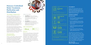 34
Howaco: Centralised
Water Treatment,
Purification and
Distribution
THE MARKET OPPORTUNITY
Long An, a southern province, is one of
many regions in Vietnam that lacks access
to a sustainable source of drinkable tap
water. Local people have instead been using
saline water that is often contaminated
with chemicals discharged from factories in
surrounding areas. They are forced to choose
between paying high prices for clean water
supplied by vendors from other provinces, or
using untreated surface or underground water
that comes with serious health risks.
The rapidly growing population also adds to
the pressing need for water treatment facilities
in the area to comply with water safety
regulations. This presents a market opportunity
for the development of business models that
meet the growing local demand in peri-urban/
suburban and rural areas in Vietnam.
THE INCLUSIVE
BUSINESS MODEL
Howaco, a water supply company, developed
a centralised water treatment facility and
distribution system that effectively supplies
clean drinking water that meets quality
standards at an affordable price. The company
has designed an inclusive business model
that engages the low-income population of
Vietnam at two points:
1.	 As producers: Howaco creates new
jobs for workers involved in installation
and operation, as well as long-
term employment for its agents and
distributors.
2.	 As consumers: Howaco sells clean
drinking water at an affordable and
regulated price and provides 24/7 water
supply service to local low-income
households and wholesaler.
VBCF INVESTMENT
8.9BNVND 38%
of total
investment
RESULTS
This was a successful project achieving all key
project performance indicators at the levels
of beneficiaries, business, scalability and
sustainability, with appropriate co-investment
from VBCF. After 12 months, 3,205 users
have better access to quality clean water
supply at affordable prices. The project has
created positive changes in the market and
more competition on quality and price for the
benefit of the end users.
SCALABILITY
Statistics show that only 40% of the rural
population in Vietnam has access to safe
water. This indicates high potential to scale
up the inclusive business model to meet the
market demand for clean water in rural and
suburban areas of the country.
LESSONS LEARNED
Key success factors
•• Innovative operation model and modern
water treatment technology making it a
cost effective investment
•• Innovative distribution strategy through
agents, enabling Howaco to reach clients
who live far away from the main water
supply network
•• Using SCADA and GIS to manage water
supply and inefficiencies such as water
loss/leakage
•• Strong inclusive business model using
modern technology to deliver affordable,
quality products and services
“We don’t use any chemicals, it’s all
natural. That’s why we try to keep costs
as low as possible so the price can still be
low for the beneficiaries but the company
still has a margin that we can reinvest in
water meters, the pipelines and upgrade
of the water treatment systems. In 10
years we will supply to 6,000 households
talmost double the current capacity.”
Ngo Xuan Vinh,
Howaco Deputy Director
Environmental
•• Utilises a non-chemical water treatment process that is
safe for human health and the environment
Social
CREATEDJOBSFOR
125
PEOPLE, INCLUDING 115 LIP
INCREASED INCOME
500
BENEFICIARIES INCLUDING 460 LIP
IMPROVED ACCESS TO GOODS AND
SERVICES FOR
12,820
PEOPLE, INCLUDING 9,230 LIP
MADE SAVINGS FOR
12,820
PEOPLE, INCLUDING 9,230 LIP
•• Lower price for clean water: average saving of
32,462VND / month / household
Business
SALES OF
9.3BNVND
Other achievements:
•• Increased water treatment and supply capacity of the
two plants from 3000m3/day to 6000m3/day.
 