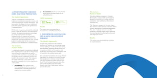 52 53
4. DECENTRALISED UNBAKED
BRICK MACHINE PRODUCTION
The Market Opportunity
Vietnam is undergoing a transition from
traditional construction materials to lower-cost
and environmentally friendly alternatives. The
government has begun to remove traditional
brick kilns while supporting the proliferation
of unbaked bricks.
While there is a growing demand for unbaked
bricks in both the domestic and international
markets, the required production technology
has not previously been developed.
Unbaked bricks in Vietnam are currently
made manually, which means there is low
productivity and high production costs. A huge
potential market exists for the economical
production and distribution of unbaked bricks.
The Inclusive
Business Model
A companydeveloped a standardised unbaked
brick machine that it will sell to entrepreneurs
who will use it to make bricks for sale to
consumers. The machine is user friendly and
can product bricks in different sizes that are
suited to the customer’s need. The company
has made inclusivity a core aspect of its
operations, engaging low-income populations
at two points:
1.	 As producers: The company sells
brick moulding machines to producers
(entrepreneurs and trade groups) that
employ low-income workers.
2.	 As consumers: Producers sell unbaked
bricks to low-income people for an
affordable price.
VBCF Investment
222.7MVND 30%
of total
investment
Results
The project was terminated due to
incompliance with VBCF procedures.
5. WATERPROOF LIGHTING FOR
OFF-SEASON DRAGON FRUIT
FARMING
The Market Opportunity
Dragon fruit producers in the southern
provinces of Vietnam are increasingly using
electric lighting to enable production during
the off-season. However, the use of 60-75w
incandescent bulbs for this practice has
drastically increased power consumption and
is harmful to the national power grid.
It is estimated that millions of energy efficient
light bulbs are needed for off-season dragon
fruit production in Vietnam. Small farmers
who use incandescent bulbs and own less
than 1 ha of farmland represent more than
60% of this market need and would
benefit most from a high quality and low
priced alternative.
The Inclusive
Business Model
A leading lighting company in Vietnam
developed a compact bulb specifically for
dragon fruit farming. It is energy efficient,
waterproof, and certified by international
standard IP65.
The IB project engages low-income dragon
fruit farmers as their primary customers. These
farmers benefitfrom a marketing programme
that aims to educate farmers to use the
products in farming dragon fruits, ultimately,
increased productivity during the off-season
and improved income.
Results
This project was terminated due to delays
in implementation.
 
