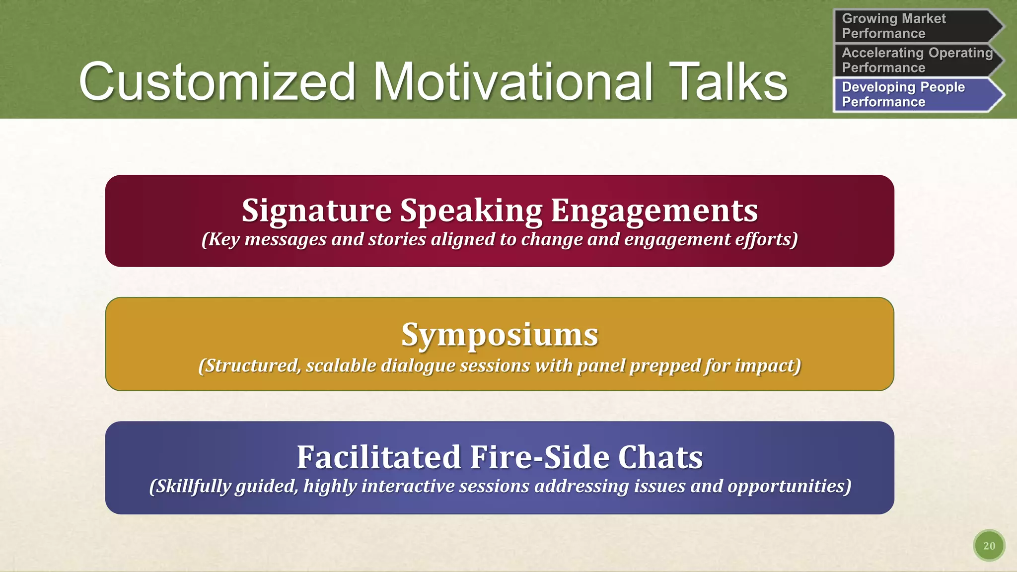 Signature Speaking Engagements
(Key messages and stories aligned to change and engagement efforts)
20
Symposiums
(Structured, scalable dialogue sessions with panel prepped for impact)
Facilitated Fire-Side Chats
(Skillfully guided, highly interactive sessions addressing issues and opportunities)
Growing Market
Performance
Accelerating Operating
Performance
Developing People
PerformanceCustomized Motivational Talks
 