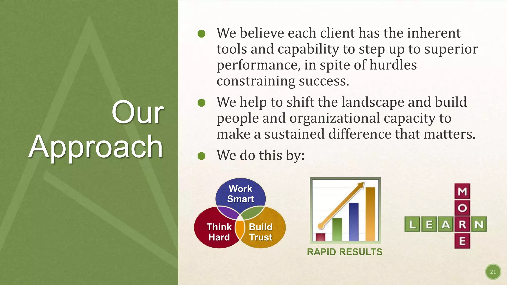 Our
Approach
21
We believe each client has the inherent
tools and capability to step up to superior
performance, in spite of hurdles
constraining success.
We help to shift the landscape and build
people and organizational capacity to
make a sustained difference that matters.
We do this by:
Work
Smart
Build
Trust
Think
Hard
 