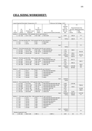 105
CELL SIZING WORKSHEET:
Minimum Cell Voltage: 1.10 V
(1)
Period
(2)
Load
(amps)
(3)
Change In Load
(amperes)
(4)
Duration or
Period
( Mins)
(5)
Time to end of section (minutes)
(6)
Capacity
rating
factor at t
Min rate
(Kt)
(7)
Required Section Size
(3) x (6) = Rated Amp hours
Pos.
Values
Neg.
Values
Section 1 - First period Only - if A2 is greater than a1, go to Section 2
1 A1= 320 A1-0 = 320 M1= 0.08 t=M1=0.08 0.432 138.24 ***
Sec1
TOTAL 138.24 ***
Section 2 - First two periods Only - if A3 is greater than A2, go to Section 3
1 A1= A1-0 M1= t=M1+M2=
2 A2= A2-A1 M2= t=M2=
Sec2 ***
TOTAL
Section 3 - First three periods Only - if A4 is greater than A3, go to Section 4
1 A1=320 A1-0=320 M1= 0.08 t=M1+M2+M3=60 1.78 569.6
2 A2=100 A2-A1=-220 M2= 29.92 t=M2+M3=59.92 1.779 391.38
3 A3=280 A3-A2=180 M3= 30 t=M3=30 1.39 250.2
Sec3 Subtotal 819.8 391.38
TOTAL 428.42 ***
Section 4 - First four periods Only - if A5 is greater than A4, go to Section 5
1 A1=320 A1-0=320 M1= 0.08 t=M1+M2+M3+M4=120 2.671 854.72
2 A2=100 A2-A1=-220 M2= 29.92 t=M2+M3+M4=119.92 2.67 587.4
3 A3=280 A3-A2=180 M3= 30 t=M3+M4=90 2.212 398.16
4 A4= 200 A4-A3= -80 M4= 60 t=M4 = 60 1.78 142.4
Sec4 Subtotal 1252.88 445
TOTAL 807.88 ***
Section 5 - First five periods Only - if A6 is greater than A5, go to Section 6
1 A1= A1-0= M1= t=M1+M2+M3+M4=M5=
2 A2= A2-A1= M2= t=M2+M3+M4+M5=
3 A3= A3-A2= M3= t=M3+M4+M5=
4 A4= A4-A3= M4= t=M4+M5 =
5 A5= A5-A4= M5= t=M5=
Sec5 Subtotal
TOTAL
Section 6 - First six periods Only - if A7 is greater than A6, go to Section 7
1 A1=320 A1-0=320 M1= 0.08 t=M1+M2+M3+M4+M5+M6=180 3.449 1103.68
2 A2=100 A2-A1=-220 M2= 29.92 t=M2+M3+M4+M5+M6=179.92 3.448 758.56
3 A3=280 A3-A2=180 M3= 30 t=M3+M4+M5+M6=150 3.06 550.8
4 A4= 200 A4-A3= -80 M4= 60 t=M4+M5 +M6=120 2.671 213.68
5 A5=40 A5-A4= -160 M5=59.42 t=M5+M6=60 1.78 284.8
6 A6=120 A6-A5=80 M6=0.58 t=M6=0.58 0.518 41.44
Sec6 Subtotal 1695.92 1257.04
TOTAL 438.88 ***
Section 7 - First seven periods Only - if A8 is greater than A7, go to Section 8
1 A1= A1-0= M1= t=M1+M2+M3+M4+M5+M6+M7=
2 A2= A2-A1= M2= t=M2+M3+M4+M5+M6+M7=
3 A3= A3-A2= M3= t=M3+M4+M5+M6+M7=
4 A4= A4-A3= M4= t=M4+M5 +M6+M7=
5 A5= A5-A4= M5= t=M5+M6+M7=
6 A6= A6-A5= M6= t=M6+M7=
7 A7= A7-A6= M7= t=M7=
Sec7 Subtotal
TOTAL ***
- Random Equipment Load
R AR= 100 AR-0= 100 MR= 1 t=MR= 1 0.59 59 ***
 