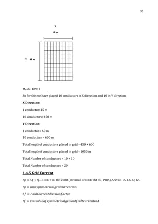 30
Mesh: 10X10
So for this we have placed 10 conductors in X direction and 10 in Y direction.
X Direction:
1 conductor=45 m
10 conductors=450 m
Y Direction:
1 conductor = 60 m
10 conductors = 600 m
Total length of conductors placed in grid = 450 + 600
Total length of conductors placed in grid = 1050 m
Total Number of conductors = 10 + 10
Total Number of conductors = 20
1.4.5 Grid Current
… IEEE STD 80-2000 (Revision of IEEE Std 80-1986)-Section 15.1.6-Eq 65
 
