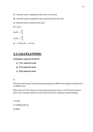 35
Q´ = Reactive power supplied by the source to the load
Qc = Reactive power supplied by the capacitor bank to the load
Q = Reactive power needed by the load
Qc = Q- Q´
2.2 CALCULATIONS:
Designing a capacitor bank for:
a) 75% inductive load
b) 15% inductive load
c) 50% inductive load.
a)
We know that the grid station maximum capacity is 40MVA. We employ 2 transformers
of 20MVA each.
When the load 75% inductive it means that the power factor is 0.25 because 0 power
factor isfor complete inductive and 1 power factor for complete resistive loading.
P=Scosθ
P= (20MVA) (0.25)
P=5MW
 