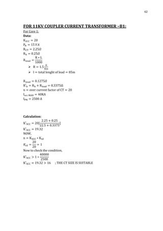 62
FOR 11KV COUPLER CURRENT TRANSFORMER –B1:
For Core 1:
Data:


Ω
Calculation:
NOW,
Now to check the condition,
; THE CT SIZE IS SUITABLE
 