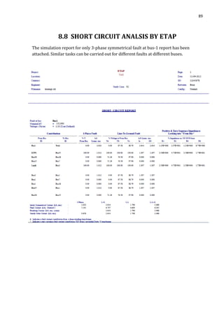 89
8.8 SHORT CIRCUIT ANALSIS BY ETAP
The simulation report for only 3-phase symmetrical fault at bus-1 report has been
attached. Similar tasks can be carried out for different faults at different buses.
 