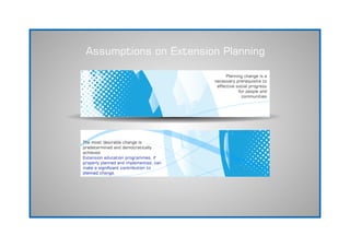 Assumptions on Extension Planning
Planning change is a
necessary prerequisite to
effective social progress
for people and
communities
The most desirable change is
predetermined and democratically
achieved.
Extension education programmes, if
properly planned and implemented, can
make a signicant contribution to
planned change.
 