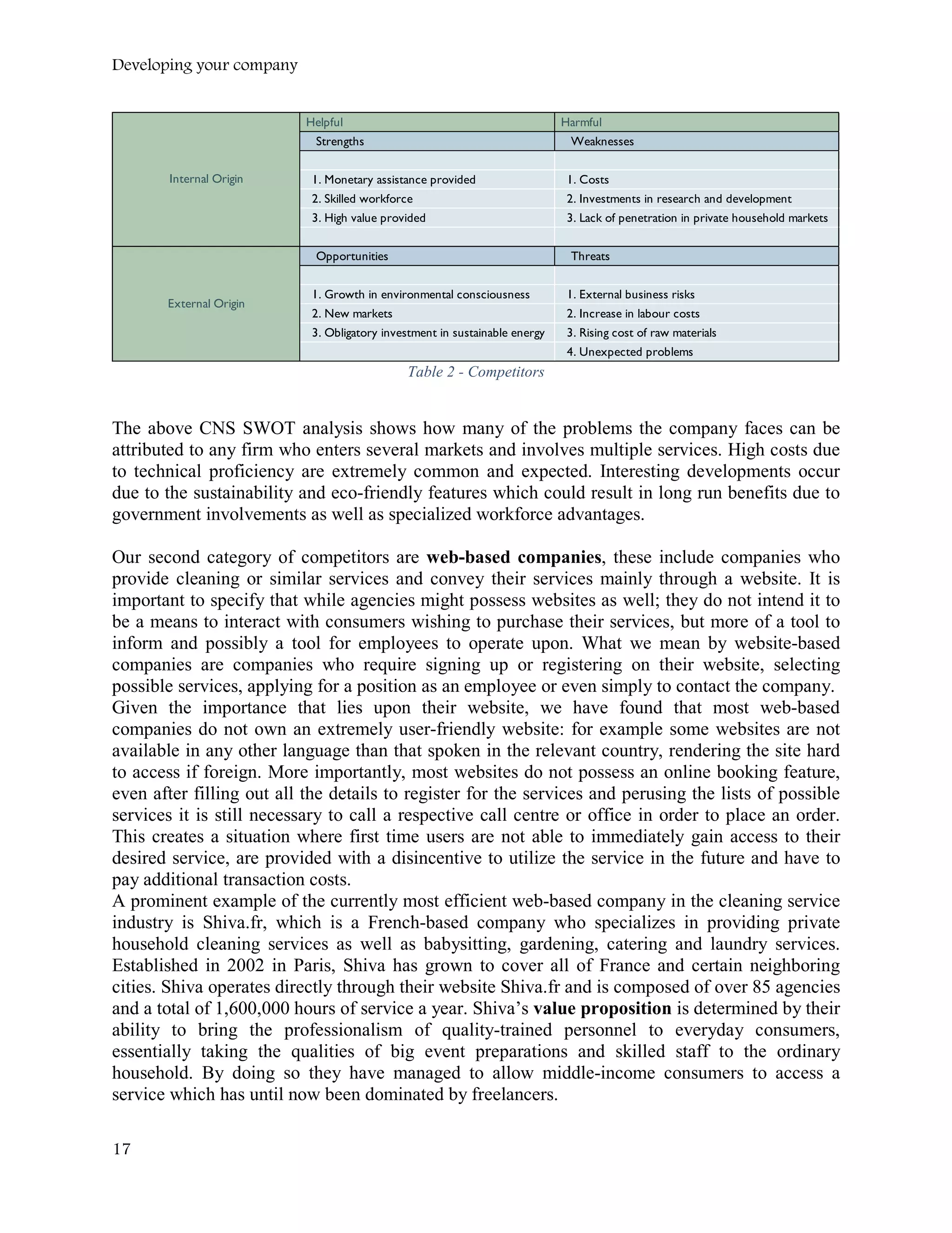 Developing your company
Table 2 - Competitors
The above CNS SWOT analysis shows how many of the problems the company faces can be
attributed to any firm who enters several markets and involves multiple services. High costs due
to technical proficiency are extremely common and expected. Interesting developments occur
due to the sustainability and eco-friendly features which could result in long run benefits due to
government involvements as well as specialized workforce advantages.
Our second category of competitors are web-based companies, these include companies who
provide cleaning or similar services and convey their services mainly through a website. It is
important to specify that while agencies might possess websites as well; they do not intend it to
be a means to interact with consumers wishing to purchase their services, but more of a tool to
inform and possibly a tool for employees to operate upon. What we mean by website-based
companies are companies who require signing up or registering on their website, selecting
possible services, applying for a position as an employee or even simply to contact the company.
Given the importance that lies upon their website, we have found that most web-based
companies do not own an extremely user-friendly website: for example some websites are not
available in any other language than that spoken in the relevant country, rendering the site hard
to access if foreign. More importantly, most websites do not possess an online booking feature,
even after filling out all the details to register for the services and perusing the lists of possible
services it is still necessary to call a respective call centre or office in order to place an order.
This creates a situation where first time users are not able to immediately gain access to their
desired service, are provided with a disincentive to utilize the service in the future and have to
pay additional transaction costs.
A prominent example of the currently most efficient web-based company in the cleaning service
industry is Shiva.fr, which is a French-based company who specializes in providing private
household cleaning services as well as babysitting, gardening, catering and laundry services.
Established in 2002 in Paris, Shiva has grown to cover all of France and certain neighboring
cities. Shiva operates directly through their website Shiva.fr and is composed of over 85 agencies
and a total of 1,600,000 hours of service a year. Shiva’s value proposition is determined by their
ability to bring the professionalism of quality-trained personnel to everyday consumers,
essentially taking the qualities of big event preparations and skilled staff to the ordinary
household. By doing so they have managed to allow middle-income consumers to access a
service which has until now been dominated by freelancers.
Helpful Harmful
Strengths Weaknesses
1. Monetary assistance provided 1. Costs
2. Skilled workforce 2. Investments in research and development
3. High value provided 3. Lack of penetration in private household markets
Opportunities Threats
1. Growth in environmental consciousness 1. External business risks
2. New markets 2. Increase in labour costs
3. Obligatory investment in sustainable energy 3. Rising cost of raw materials
4. Unexpected problems
Internal Origin
External Origin
17
 