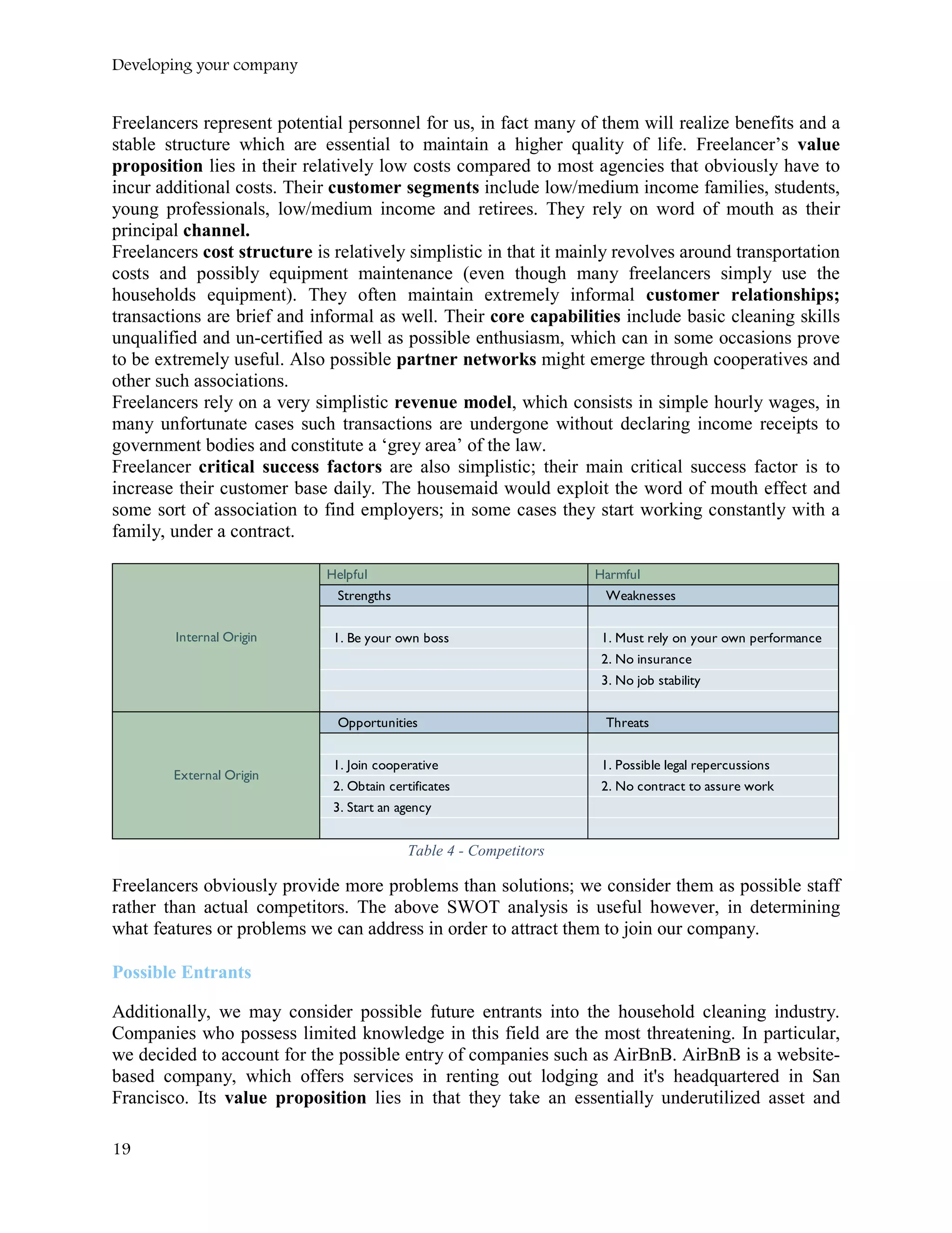 Developing your company
Freelancers represent potential personnel for us, in fact many of them will realize benefits and a
stable structure which are essential to maintain a higher quality of life. Freelancer’s value
proposition lies in their relatively low costs compared to most agencies that obviously have to
incur additional costs. Their customer segments include low/medium income families, students,
young professionals, low/medium income and retirees. They rely on word of mouth as their
principal channel.
Freelancers cost structure is relatively simplistic in that it mainly revolves around transportation
costs and possibly equipment maintenance (even though many freelancers simply use the
households equipment). They often maintain extremely informal customer relationships;
transactions are brief and informal as well. Their core capabilities include basic cleaning skills
unqualified and un-certified as well as possible enthusiasm, which can in some occasions prove
to be extremely useful. Also possible partner networks might emerge through cooperatives and
other such associations.
Freelancers rely on a very simplistic revenue model, which consists in simple hourly wages, in
many unfortunate cases such transactions are undergone without declaring income receipts to
government bodies and constitute a ‘grey area’ of the law.
Freelancer critical success factors are also simplistic; their main critical success factor is to
increase their customer base daily. The housemaid would exploit the word of mouth effect and
some sort of association to find employers; in some cases they start working constantly with a
family, under a contract.
Table 4 - Competitors
Freelancers obviously provide more problems than solutions; we consider them as possible staff
rather than actual competitors. The above SWOT analysis is useful however, in determining
what features or problems we can address in order to attract them to join our company.
Possible Entrants
Additionally, we may consider possible future entrants into the household cleaning industry.
Companies who possess limited knowledge in this field are the most threatening. In particular,
we decided to account for the possible entry of companies such as AirBnB. AirBnB is a website-
based company, which offers services in renting out lodging and it's headquartered in San
Francisco. Its value proposition lies in that they take an essentially underutilized asset and
Helpful Harmful
Strengths Weaknesses
1. Be your own boss 1. Must rely on your own performance
2. No insurance
3. No job stability
Opportunities Threats
1. Join cooperative 1. Possible legal repercussions
2. Obtain certificates 2. No contract to assure work
3. Start an agency
Internal Origin
External Origin
19
 
