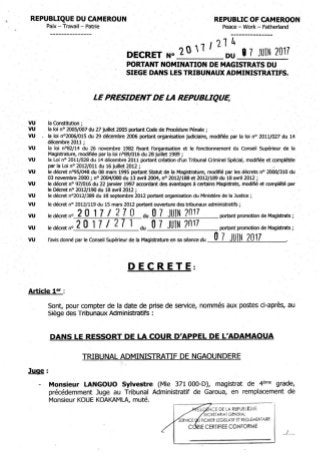 Paul Biya - Président du Cameroun - Décret N°2017/273 du 7 juin 2017 portant nomination de Magistrats du Siège