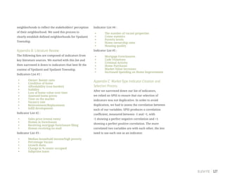 127
neighborhoods to reflect the stakeholders’ perception
of their neighborhood. We used this process to
clearly establish defined neighborhoods for Ypsilanti
Township.
Appendix B: Literature Review
The following lists are composed of indicators from
key literature sources. We started with this list and
then narrowed it down to indicators that best fit the
context of Ypsilanti and Ypsilanti Township.
Indicators List #1 :
•	 Owner: Renter ratio
•	 Condition of home
•	 Affordability (cost burden)
•	Stability
•	 Loss of home value over time
•	 Assessed home prices
•	 Time on the market
•	 Vacancy rate
•	Reinvestment/Replacement
•	 Infill development
Indicator List #2 :
•	 Sales price (rental rates)
•	 Homes in foreclosure
•	 Receiving mortgage foreclosure filing
•	 Homes receiving no mail
Indicator List #3 :
•	 Median household income/high poverty
•	 Percentage Vacant
•	 Growth Ratio
•	 Change in % renter occupied
•	 Subprime loans
Indicator List #4 :
•	 The number of vacant properties
•	 Crime statistics
•	 Poverty levels
•	 Home ownership rates
•	 Housing quality
Indicator List #5 :
•	 Mortgage Foreclosures
•	 Code Violations
•	 Criminal Activity
•	 Home Purchases
•	 Market Value Increases
•	 Increased Spending on Home Improvement
Appendix C: Market-Type Indicator Creation and
Selection Process
After we narrowed down our list of indicators,
we relied on SPSS to ensure that our selection of
indicators was not duplicative. In order to avoid
duplication, we had to assess the correlation between
each of our variables. SPSS produces a correlation
coefficient, measured between -1 and +1, with
-1 showing a perfect negative correlation and +1
showing a perfect positive correlation. The more
correlated two variables are with each other, the less
need to use each one as an indicator.
 