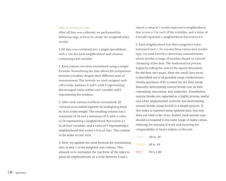 Appendices130
Steps to creating the index:
After all data was collected, we performed the
following steps in Excel to create the weighted index
results:
1.All data was combined into a single spreadsheet,
with a row for each neighborhood and columns
containing each variable.
2. Each column was then normalized using a simple
formula. Normalizing the data allows for comparison
between variables despite their different units of
measurement. The formula we used assigned each
cell a value between 0 and 1, with 1 representing
the strongest value within each variable and 0
representing the weakest.
3. After each column had been normalized, all
columns were added together by multiplying them
by their index weight. The resulting column has a
maximum of 10 and a minimum of 0, with a value
of 10 representing a neighborhood that scores a 1
in all four variables, and a value of 0 representing a
neighborhood that scores a 0 in all four. This column
is the index in raw form.
4. Next, we applied the same formula for normalizing
data in step 2 to the weighted sum column. This
allowed us to normalize the raw form of the index to
place all neighborhoods on a scale between 0 and 1,
where a value of 1 would represent a neighborhood
that scores a 1 in each of the variables, and a value of
0 would represent a neighborhood that scores a 0.
5. Each neighborhood was then assigned a value
between 0 and 1. To convert these values into market
type, we used ArcGIS to determine natural breaks,
which divides a range of numbers based on natural
clustering of the data. The mathematical process
begins by taking the sum of the square deviations
for the data set’s mean. Next, the small class mean
is identified out of all possible range combinations.
Finally, goodness of fit is tested for the final break.
Manually determining natural breaks can be time
consuming, inaccurate, and subjective. Nonetheless,
natural breaks are regarded as a highly precise, useful
tool when implemented correctly and determining
natural breaks using ArcGIS is a simple process. If
this index is repeated using updated data, this step
does not need to be rerun. Rather, each market type
should correspond to the same range of index values,
reducing the amount of work and ensuring the
comparability of future indices to this one.
COOL: .00 to .39
WARM: .40 to .69
HOT: .70 to 1.00
 