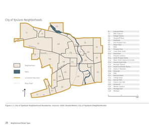 Neighborhood Market Types20
City of Ypsilanti Neighborhoods
0 .5 1
mile
Neighborhood
Water
Jurisdiction Boundary
Major Road
C1
C2
C3
C4
C5
C6
C7
C8
C9
C10
C11
C12
C13
C14
C15
C16
C17
C18
C19
C20
C21
C22
C23
C24
C25
C26
C27
C28
Industrial Park
EMU Stadium
College Heights
Gerganoff Road
Estabrook
East Prospect Park
Depot Town
Miles
Prospect Park
Lower River Street
Downtown
Prospect Gardens
South Prospect Street
Water Street Industrial Corridor
Historic South Side
Michigan Avenue
Forest Knoll/Arbor Manor
Stadium Meadows
Riverside
EMU
Railroad Street
Leforge Road
Normal Park
Historic East Side
Ainsworth
Worden Gardens
Heritage Park
MidtownN
I-94
Washtenaw Ave.
Holmes Rd.
Packard Rd.
Michigan Ave.
Packard Rd.
Michigan Ave.
C3
C2
C20
C23
C1
C6
C9
C15
C14
C19
C27
C22
C5
C12
C8
C24C7
C25
C28
C10
C4
C16
C26
C11
C21
C13
C17
C18
Figure 2.1: City of Ypsilanti Neighborhood Boundaries. Sources: AADC (Roads/Water), City of Ypsilanti (Neighborhoods)
 
