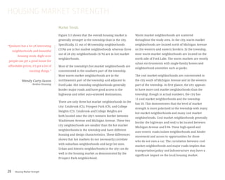 Housing Market Strength28
Market Trends
Figure 3.1 shows that the overall housing market is
generally stronger in the township than in the city.
Specifically, 15 out of 48 township neighborhoods
(31%) are in hot market neighborhoods whereas three
out of 28 city neighborhoods (11%) are in hot market
neighborhoods.
Most of the township’s hot market neighborhoods are
concentrated in the southern part of the township.
Most warm market neighborhoods are in the
northeastern part of the township and adjacent to
Ford Lake. Hot township neighborhoods generally
border major roads and have good access to the
highways and other auto-oriented destinations.
There are only three hot market neighborhoods in the
city: Estabrook (C5), Prospect Park (C9), and College
Heights (C3). Estabrook and College Heights are
both located near the city’s western border between
Washtenaw Avenue and Michigan Avenue. These two
city neighborhoods are smaller than the hot market
neighborhoods in the township and have different
housing and design characteristics. These differences
shows that hot markets do not necessarily correlate
with suburban neighborhoods and large lot sizes.
Urban and historic neighborhoods in the city can do
well in the housing market as demonstrated by the
Prospect Park neighborhood.
HOUSING MARKET STRENGTH
“Ypsilanti has a lot of interesting
neighborhoods and beautiful
housing stock. Right now
people can get a good house for
affordable prices, it’s got a lot of
exciting things.”
Wendy Carty-Saxon
Avalon Housing
Warm market neighborhoods are scattered
throughout the study area. In the city, warm market
neighborhoods are located north of Michigan Avenue
on the western and eastern borders. In the township,
most warm market neighborhoods are located on the
north side of Ford Lake. The warm markets are mostly
urban environments with single-family homes and
neighborhood amenities such as parks.
The cool market neighborhoods are concentrated in
the city south of Michigan Avenue and in the western
part of the township. At first glance, the city appears
to have more cool market neighborhoods than the
township, though in actual numbers, the city has
11 cool market neighborhoods and the township
has 10. This demonstrates that the level of market
strength is more polarized in the township with many
hot market neighborhoods and many cool market
neighborhoods. Cool market neighborhoods generally
border the highways and tend to be located between
Michigan Avenue and I-94. These high-speed and
auto-centric roads isolate neighborhoods and hinder
movement and access to opportunities for those
who do not own a car. The correlation between cool
market neighborhoods and major roads implies that
transportation policy and infrastructure may have a
significant impact on the local housing market.
 