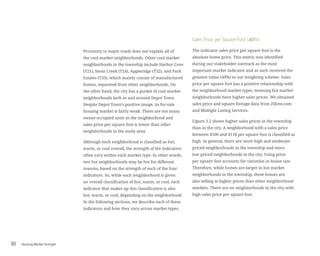 Housing Market Strength30
Proximity to major roads does not explain all of
the cool market neighborhoods. Other cool market
neighborhoods in the township include Harbor Cove
(T21), Swan Creek (T24), Appleridge (T32), and Park
Estates (T33), which mainly consist of manufactured
homes, separated from other neighborhoods. On
the other hand, the city has a pocket of cool market
neighborhoods both in and around Depot Town.
Despite Depot Town’s positive image, its for-sale
housing market is fairly weak. There are not many
owner-occupied units in the neighborhood and
sales price per square foot is lower than other
neighborhoods in the study area.
Although each neighborhood is classified as hot,
warm, or cool overall, the strength of the indicators
often vary within each market type. In other words,
two hot neighborhoods may be hot for different
reasons, based on the strength of each of the four
indicators. So, while each neighborhood is given
an overall classification of hot, warm, or cool, each
indicator that makes up this classification is also
hot, warm, or cool, depending on the neighborhood.
In the following sections, we describe each of these
indicators and how they vary across market types.
Sales Price per Square Foot (40%)
The indicator sales price per square foot is the
absolute home price. This metric was identified
during our stakeholder outreach as the most
important market indicator and as such received the
greatest value (40%) in our weighting scheme. Sales
price per square foot has a positive relationship with
the neighborhood market types, meaning hot market
neighborhoods have higher sales prices. We obtained
sales price and square footage data from Zillow.com
and Multiple Listing Services.
Figure 3.2 shows higher sales prices in the township
than in the city. A neighborhood with a sales price
between $100 and $118 per square foot is classified as
high. In general, there are more high and moderate
priced neighborhoods in the township and more
low priced neighborhoods in the city. Using price
per square foot accounts for variation in house size.
Therefore, while homes are larger in hot market
neighborhoods in the township, these homes are
also selling at higher prices than other neighborhood
markets. There are no neighborhoods in the city with
high sales price per square foot.
	
 