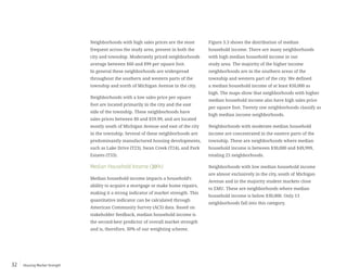 Housing Market Strength32
Neighborhoods with high sales prices are the most
frequent across the study area, present in both the
city and township. Moderately priced neighborhoods
average between $60 and $99 per square foot.
In general these neighborhoods are widespread
throughout the southern and western parts of the
township and north of Michigan Avenue in the city.
Neighborhoods with a low sales price per square
foot are located primarily in the city and the east
side of the township. These neighborhoods have
sales prices between $0 and $59.99, and are located
mostly south of Michigan Avenue and east of the city
in the township. Several of these neighborhoods are
predominantly manufactured housing developments,
such as Lake Drive (T23), Swan Creek (T24), and Park
Estates (T33).
Median Household Income (30%)
Median household income impacts a household’s
ability to acquire a mortgage or make home repairs,
making it a strong indicator of market strength. This
quantitative indicator can be calculated through
American Community Survey (ACS) data. Based on
stakeholder feedback, median household income is
the second-best predictor of overall market strength
and is, therefore, 30% of our weighting scheme.
Figure 3.3 shows the distribution of median
household income. There are many neighborhoods
with high median household income in our
study area. The majority of the higher income
neighborhoods are in the southern areas of the
township and western part of the city. We defined
a median household income of at least $50,000 as
high. The maps show that neighborhoods with higher
median household income also have high sales price
per square foot. Twenty one neighborhoods classify as
high median income neighborhoods.
Neighborhoods with moderate median household
income are concentrated in the eastern parts of the
township. These are neighborhoods where median
household income is between $30,000 and $49,999,
totaling 25 neighborhoods.
Neighborhoods with low median household income
are almost exclusively in the city, south of Michigan
Avenue and in the majority student markets close
to EMU. These are neighborhoods where median
household income is below $30,000. Only 13
neighborhoods fall into this category.
 