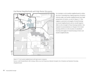 Housing Market Strength44
For example, no hot market neighborhoods in either
the city or township has a high proportion of renters;
whereas eight cool market neighborhoods have high
proportions of renters, as seen in Figure 3.7. This
suggests a potential oversupply of rental housing
in several neighborhoods and an overall negative
effect on the strength of those housing markets. Our
targeted recommendations in Chapter 6 for rental
housing will focus on the location of subsidized
housing and supply of rental housing in these cool
market neighborhoods.
Cool Market Neighborhoods with High Renter Occupancy
Figure 3.7: Cool market neighborhoods with high renter occupancy.
Sources: AADC (Roads/Water), MLS Listings, Zillow.com, Esri Projections (Market Strength), City of Ypsilanti and Ypsilanti Township
(Neighborhoods)
0 1 2
miles
N
Merritt Rd.
Martz Rd.
Bemis Rd.
WhittakerRd.
HitchinghamRd.
RawsonvilleRd.
Textile Rd.
I-94
Washtenaw Ave.
Holmes Rd.
US-12 Ecorse Rd.
RidgeRd.
Packard Rd.
Michigan Ave.
WiardRd.
MungerRd.GolfsideRd.
 