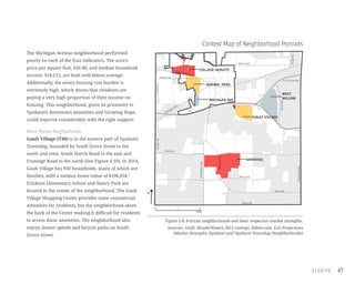 47
The Michigan Avenue neighborhood performed
poorly on each of the four indicators. The area’s
price per square foot, $36.80, and median household
income, $18,115, are both well below average.
Additionally, the area’s housing cost burden is
extremely high, which shows that residents are
paying a very high proportion of their income on
housing. This neighborhood, given its proximity to
Ypsilanti’s downtown amenities and Growing Hope,
could improve considerably with the right support.
Warm Market Neighborhoods:
Gault Village (T40) is in the eastern part of Ypsilanti
Township, bounded by South Grove Street to the
south and west, South Harris Road to the east and
Frontage Road to the north (See Figure 3.10). In 2014,
Gault Village has 950 households, many of which are
families, with a median home value of $106,858.7
Erickson Elementary School and Nancy Park are
located in the center of the neighborhood. The Gault
Village Shopping Center provides some commercial
amenities for residents, but the neighborhood abuts
the back of the Center making it difficult for residents
to access these amenities. The neighborhood also
enjoys slower speeds and bicycle paths on South
Grove Street.
Context Map of Neighborhood Portraits
Figure 3.8: Portrait neighborhoods and their respective market strengths.
Sources: AADC (Roads/Water), MLS Listings, Zillow.com, Esri Projections
(Market Strength), Ypsilanti and Ypsilanti Township (Neighborhoods)
Merritt Rd.
Martz Rd.
Bemis Rd.
WhittakerRd.
HitchinghamRd.
RawsonvilleRd.
Textile Rd.
I-94
Washtenaw Ave.
Holmes Rd.
US-12 Ecorse Rd.
RidgeRd.
Packard Rd.
Michigan Ave.
WiardRd.
MungerRd.GolfsideRd.
0 1 2
miles
N
COLLEGE HEIGHTS
NORMAL PARK
MICHIGAN AVE.
WEST
WILLOW
GAULT VILLAGE
OAKRIDGE
 
