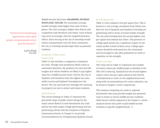 Housing Market Strength54
Middle-Income Attraction: DEARBORN, DETROIT,
WESTLAND, TAYLOR: The township’s average
market strength ranks higher than each of these
places. The city’s average is higher than Detroit and
competitive with Dearborn and Taylor. Each of these
may serve as strategic cities for targeted attraction
efforts. Since moving to the city or township would
reduce transportation costs for these commuters,
the city or township should target them as potential
residents.
Comparison of Other Factors
Property Taxes
Table 3.2 also includes a comparison of property
tax rates. Though each jurisdiction likely varies in
assessment practices, the property tax rates provide
insights into which residents are likely to pay higher
taxes for a middle-income home. Detroit, the city of
Ypsilanti, and Dearborn have the highest tax rates,
while Livonia and Ypsilanti Township have the
lowest. The city may look into strategies for lowering
its property tax rate to attract and retain residents.
School Rankings
The school rankings in Table 3.2 represent the
percentile range of public school ratings for the
major school district in each benchmark city. Each
district has wide ranges of high performing and low
performing schools with the exception of Ypsilanti
Community Schools. In Chapter 6, we provide
recommendations for strengthening Ypsilanti schools.
Rent Per Square Foot
Table 3.2 also compares rent per square foot. This is
based on a city average calculation from Zillow.com.
Both the city of Ypsilanti and Ypsilanti Township are
performing well in terms of rental market strength.
The city and township have the second highest rent
per square foot behind Ann Arbor. The presence of
college-aged renters has a significant impact on the
rental market in both of these areas. College-aged
renters should be welcomed into the community
and encouraged to stay after graduation in order to
capitalize on this strength.
Violent Crime Rate
The crime rate in Table 3.2 represents the number
of violent crimes per 10,000 people as detailed in the
FBI’s 2013 crime log. Ypsilanti has the second highest
violent crime rate per capita ahead of only Detroit.
A detailed look at crime on the neighborhood level,
along with recommendations for crime reduction, can
be found in Chapter 5 and 6, respectively.
This analysis comparing our study to regional
benchmark cities may provide insight into potential
ways to retain or attract middle-income residents.
Other factors will be explored in the Chapter 5, which
analyzes factors that push or pull middle-income
residents to specific neighborhoods.
“Good services and pleasing
appearances attract good
people, and good people attract
good investments.”
Larry Krieg
The Ride
 