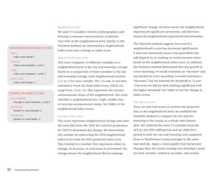 Preventing Displacement60
Neighborhood level:
We used 13 variables related to demographics and
housing to measure socioeconomic conditions
over time at the neighborhood level. Similar to the
Voorhees method, we determined a neighborhood
index score and a change in index score.
Neighborhood Index Score
This score compares 13 different variables on a
neighborhood level to the city and township average.
Based on a comparison of these variables to the city
and township average, each neighborhood receives
a +1 or -1 for each variable. The +1s and -1s are then
summed to reach the final index score, which can
range from -13 to +13. This represents the current
socioeconomic status of the neighborhood. The score
classifies a neighborhood into a high, middle, low,
or very low socioeconomic status. See Table 4.1 for
neighborhood index scores.
Change in Index Score
This score represents neighborhood change over time.
We used data from the 2010 ACS and Esri projections
for 2019 to determine this change. We determined
this number by subtracting the 2010 neighborhood
index score from the 2019 projected index score.
This resulted in a number that represents either no
change, an increase, or a decrease in investment. No
change means the neighborhood did not undergo
significant change, increase means the neighborhood
experienced significant investment, and decrease
means the neighborhood experienced disinvestment.
The Voorhees method suggests that even if a
neighborhood’s score has increased significantly,
it does not necessarily mean it has gentrified; this
will depend on its ranking on socioeconomic status
based on the neighborhood index score. In addition,
the Voorhees method determined that any growth in
score exceeding +4 would constitute an “increase” and
any decline in score exceeding -4 would constitute a
“decrease,” but we lowered the threshold to +3 and
-3 because we did not find anything significant with
the higher threshold. See Table 4.1 for the change in
index scores.
City/Township level:
Since we only had access to current and projected
data at the neighborhood level, we modified the
Voorhees method to compare the city and the
township to the county as a whole with historic
data. We collected the same 13 variables from the
ACS for the 2005-2009 period and the 2009-2013
period in both the city and township and compared
those to Washtenaw County averages in the same
time periods. Again, a municipality that had greater
changes than the county average was awarded a point
for each variable, ranked in an index, and scored.
HIGH
NEIGHBORHOOD INDEX SCORE
MIDDLE
LOW
VERY LOW
Index score above 7
Index score between 1 and 7
Index score between -1 and -7
Index score below -7
NO CHANGE
CHANGE IN INDEX SCORE
INCREASE
DECREASE
Change in score between -3 and 3
Growth in score exceeds 3
Decline in score below -3
 