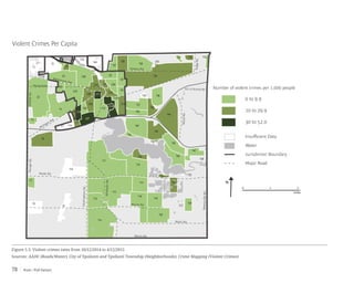 Push / Pull Factors78
Figure 5.5: Violent crimes rates from 10/12/2014 to 4/12/2015
Sources: AADC (Roads/Water), City of Ypsilanti and Ypsilanti Township (Neighborhoods), Crime Mapping (Violent Crimes)
Violent Crimes Per Capita
0 1 2
miles
Number of violent crimes per 1,000 people
Water
Jurisdiction Boundary
Major Road
Insufficient Data
0 to 9.9
30 to 52.0
10 to 29.9
N
Merritt Rd.
Martz Rd.
Bemis Rd.
WhittakerRd.
HitchinghamRd.
RawsonvilleRd.
Textile Rd.
I-94
Washtenaw Ave.
Holmes Rd.
US-12 Ecorse Rd.
RidgeRd.
Packard Rd.
Michigan Ave.
WiardRd.
MungerRd.GolfsideRd.
T29
C3
C2
C20
C23
C1
C6
C9
C15
C14
C19
C27
C22
C5
C12
C8
C24C7
C25
C28 C10
C4
C16
C26
C11
C21
C13
C17
C18
T2
T11
T34
T12
T4
T14
T6
T44
T16
T8
T1
T9
T40
T18
T29
T10
T20
T42
T13
T46
T17
T45
T19
T37
T36
T28
T7
T47
T38
T23
T3
T39
T48
T27
T24
T15
T5
T41
T32 T33
T35
T31
T21
T43
T30
T22
 