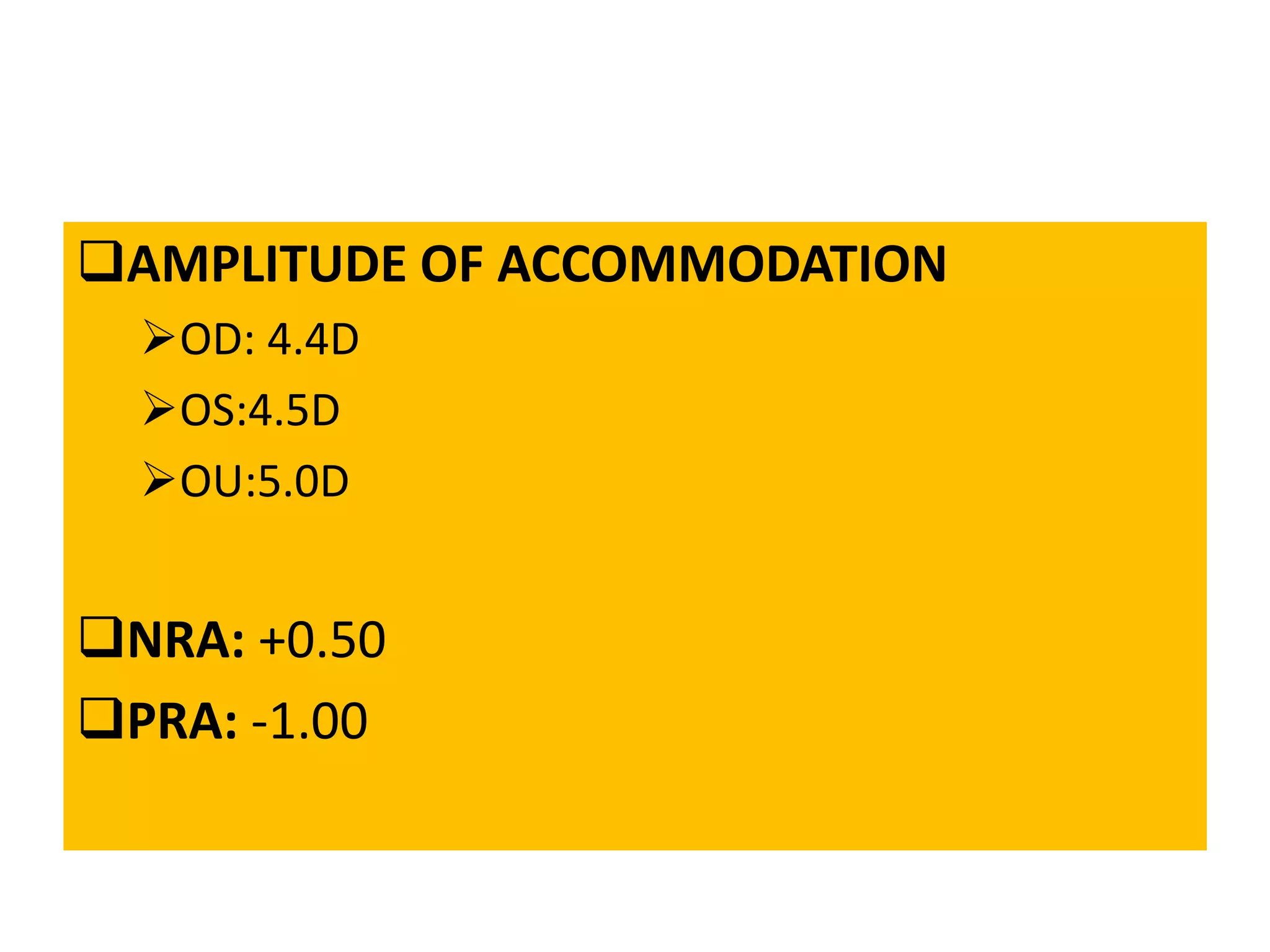 AMPLITUDE OF ACCOMMODATION
OD: 4.4D
OS:4.5D
OU:5.0D
NRA: +0.50
PRA: -1.00
 