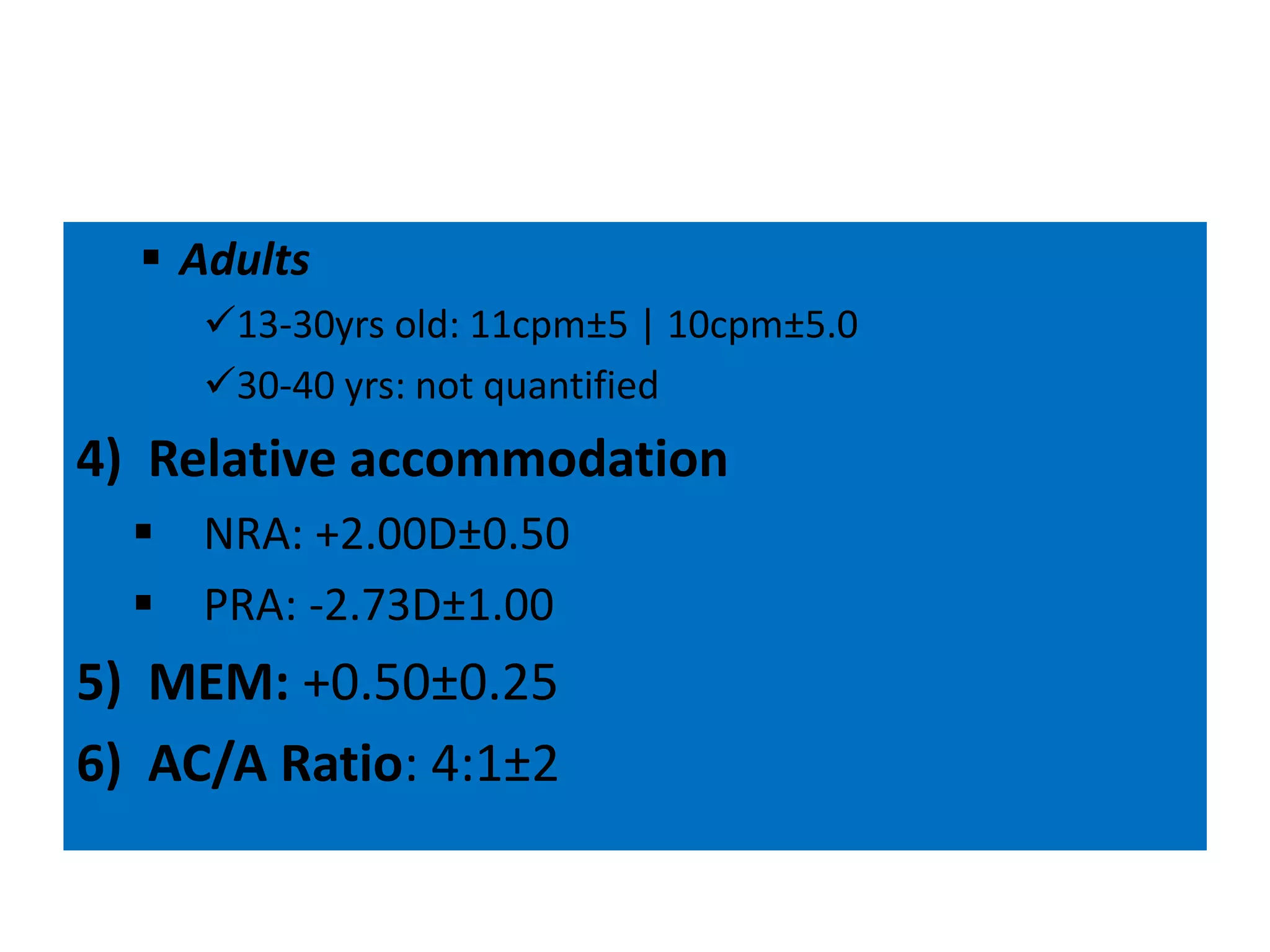  Adults
13-30yrs old: 11cpm±5 | 10cpm±5.0
30-40 yrs: not quantified
4) Relative accommodation
 NRA: +2.00D±0.50
 PRA: -2.73D±1.00
5) MEM: +0.50±0.25
6) AC/A Ratio: 4:1±2
 