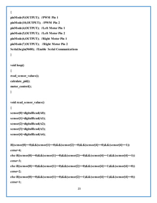 23
{
pinMode(9,OUTPUT); //PWM Pin 1
pinMode(10,OUTPUT); //PWM Pin 2
pinMode(4,OUTPUT); //Left Motor Pin 1
pinMode(5,OUTPUT); //Left Motor Pin 2
pinMode(6,OUTPUT); //Right Motor Pin 1
pinMode(7,OUTPUT); //Right Motor Pin 2
Serial.begin(9600); //Enable Serial Communications
}
void loop()
{
read_sensor_values();
calculate_pid();
motor_control();
}
void read_sensor_values()
{
sensor[0]=digitalRead(A0);
sensor[1]=digitalRead(A1);
sensor[2]=digitalRead(A2);
sensor[3]=digitalRead(A3);
sensor[4]=digitalRead(A4);
if((sensor[0]==0)&&(sensor[1]==0)&&(sensor[2]==0)&&(sensor[4]==0)&&(sensor[4]==1))
error=4;
else if((sensor[0]==0)&&(sensor[1]==0)&&(sensor[2]==0)&&(sensor[4]==1)&&(sensor[4]==1))
error=3;
else if((sensor[0]==0)&&(sensor[1]==0)&&(sensor[2]==0)&&(sensor[4]==1)&&(sensor[4]==0))
error=2;
else if((sensor[0]==0)&&(sensor[1]==0)&&(sensor[2]==1)&&(sensor[4]==1)&&(sensor[4]==0))
error=1;
 