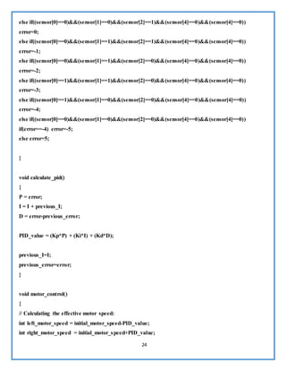 24
else if((sensor[0]==0)&&(sensor[1]==0)&&(sensor[2]==1)&&(sensor[4]==0)&&(sensor[4]==0))
error=0;
else if((sensor[0]==0)&&(sensor[1]==1)&&(sensor[2]==1)&&(sensor[4]==0)&&(sensor[4]==0))
error=-1;
else if((sensor[0]==0)&&(sensor[1]==1)&&(sensor[2]==0)&&(sensor[4]==0)&&(sensor[4]==0))
error=-2;
else if((sensor[0]==1)&&(sensor[1]==1)&&(sensor[2]==0)&&(sensor[4]==0)&&(sensor[4]==0))
error=-3;
else if((sensor[0]==1)&&(sensor[1]==0)&&(sensor[2]==0)&&(sensor[4]==0)&&(sensor[4]==0))
error=-4;
else if((sensor[0]==0)&&(sensor[1]==0)&&(sensor[2]==0)&&(sensor[4]==0)&&(sensor[4]==0))
if(error==-4) error=-5;
else error=5;
}
void calculate_pid()
{
P = error;
I = I + previous_I;
D = error-previous_error;
PID_value = (Kp*P) + (Ki*I) + (Kd*D);
previous_I=I;
previous_error=error;
}
void motor_control()
{
// Calculating the effective motor speed:
int left_motor_speed = initial_motor_speed-PID_value;
int right_motor_speed = initial_motor_speed+PID_value;
 