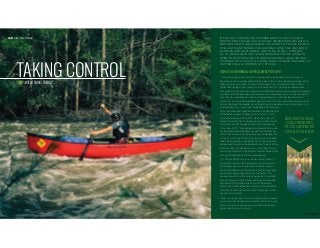 IN THE LAST EDITION WE COVERED HOW TO GET A CANOE
MOVING AND TRAVELLING STRAIGHT WHEN PADDLING WITH A
PARTNER. THAT'S GREAT WHEN YOU WANT TO TRAVEL FROM A
TO B, BUT MANY THINGS CAN HAPPEN ALONG THE WAY, BOTH
PLANNED AND UNPLANNED, AND TO BE IN FULL CONTROL
OF YOUR CANOE IN ANY GIVEN SCENARIO YOU'RE GOING TO
NEED TO MASTER PLENTY MORE TECHNIQUES. HERE WE WILL
COVER HOW TO CHUCK A U-TURN, HOW TO GLIDE AND HOW TO
MASTER THE ALL-IMPORTANT J STROKE.
USING THE FORWARD & REVERSE SWEEP TO TURN
Turing a canoe around isn't as quick and easy as people think, and many
beginners end up ungracefully fighting each other with opposing strokes rather
than spinning on a dime. It's essential to learn how to work with each other
rather than against each other to do a neat U-turn. The strokes required are
combination of the Forward Sweep and the Reverse Sweep (covered individually
in edition 3 of Paddlemag and viewable live on paddlemag.com). We discussed
how the stern paddler can use the forward sweep in the last issue, but let’s
revisit this so that both paddlers get it sorted. The main use of a sweep stroke is
to turn the boat. To paddle in a straight line you paddle close to the boat, so to
intentionally turn it you need to paddle further away
from the boat. Each paddler needs to locate the end
of the boat nearest to them (bow or stern) – this
will be referred to as the 'TIP'. Next, they need to
locate the point that is perpendicular to the side of
their body (at 90 degrees), which will be referred
to as their 'HIP'. The paddle should describe a wide
arc between each paddler’s respective hip and tip –
which is the source of the expression to paddle 'hip
to tip' or 'tip to hip'. When you try this you’ll realise
that if each person is paddling 'tip to hip' then they
are actually doing the opposite stroke to each other,
which causes the canoe to spin in its place. Doing
this stroke forward is called the Forward Sweep and
doing it backwards is the Reverse Sweep.
To do this effectively your body should start in
an upright forward-facing position and your arms
should be kept low so that the paddle is almost
horizontal. Make sure the blade is fully submerged
yet still sweeping the surface of the water. The
power comes from the core muscles as the stroke
moves through and the arms can help accentuate
the part of the stroke at each tip of the canoe,
which is the most effective section of the stroke as
this part of the boat has the most leverage on the
canoe’s pivot point.
Now you know how to spin on the spot and make
your canoe do doughnuts. Awesome. But of course
there's more to manoeuvring a canoe than simply
being able to spin it around.
SKILLS
| 105104 |
 