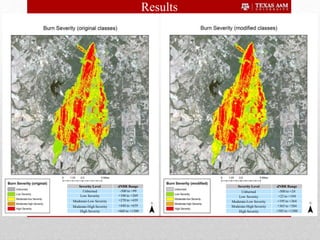 Severity Level dNBR Range
Unburned -500 to +99
Low Severity +100 to +269
Moderate-Low Severity +270 to +439
Moderate-High Severity +440 to +659
High Severity +660 to +1300
Severity Level dNBR Range
Unburned -500 to +24
Low Severity +25 to +194
Moderate-Low Severity +195 to +364
Moderate-High Severity +365 to +584
High Severity +585 to +1300
Results
 