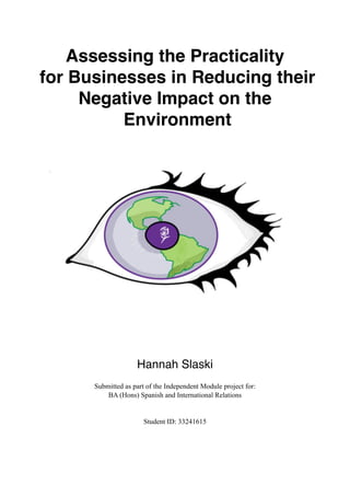 !
Assessing the Practicality!
for Businesses in Reducing their
Negative Impact on the!
Environment!
!
!
!
!
!
Hannah Slaski!
!
Submitted as part of the Independent Module project for:
BA (Hons) Spanish and International Relations
!
!
Student ID: 33241615
!
!
!
!
 