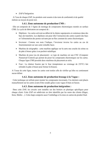 5
 ZAP d’Intégration
A l’issu de chaque ZAP, les produits sont soumis à des tests de conformité et de qualité
réalisés au moyen de poste test.
1.4.1. Zone autonome de production CMS :
Elle est composée de 3 lignes de montage de composants électroniques montés en surface
CMS. Le cycle de fabrication est composé de :
 Dépileurs : les cartes arrivent au début de la chaine superposées et contenues dans des
bacs de transferts. Les dépileurs ont pour rôle l’extraction des cartes à partir des bacs
et l’alimentation des postes suivants par un flux constant de cartes électroniques
 Inverseur : Comme son nom l’indique, l’inverseur inverse les cartes au cas de
fonctionnement sur une carte à double faces
 Machine de sérigraphie : cette machine applique sur la carte une couche de crème ou
de pâte à braser grâce à un pochoir métallique
 Machine de pose (ou de placement) : ce type de machine est une CNC (Computer
Numerical Control) qui permet de poser les composants électroniques sur les cartes.
Chaque ligne CMS possède deux machines de placement en série.
 Four : La chaleur fournie par le four (température au voisinage de 255°C) fait
refondre la pâte à braser pour former la brasure.
A l’issue de cette ligne, toutes les cartes sont testées afin de vérifier qu’elles ne contiennent
aucun défaut.
1.4.2. Zone autonome de production brasage à la Vague :
Cette technique est utilisée pour monter les composants traversants. Ces derniers sont placés
manuellement sur les cartes avant d’être soudés grâce à une vague d’étain en fusion.
1.4.3. Zone autonome de production intégration :
Dans cette ZAP, les circuits sont installés sur des boitiers en plastique spécifiques pour
chaque client. Cette ZAP est subdivisée en ilots identifiés par les noms des clients (Hager,
Itron, Muller…). Cette étape comporte aussi l’emballage et la mise en carton du produit final.
 