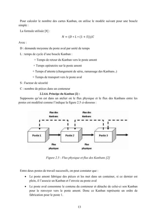 13
Pour calculer le nombre des cartes Kanban, on utilise le modèle suivant pour une boucle
simple :
La formule utilisée [8] :
𝑁 = (𝐷 ∗ 𝐿 ∗ (1 + 𝑆))/𝐶
Avec :
D : demande moyenne du poste aval par unité de temps
L : temps de cycle d’une boucle Kanban :
= Temps de retour du Kanban vers le poste amont
+ Temps opératoire sur le poste amont
+ Temps d’attente (changement de série, ramassage des Kanbans..)
+ Temps de transport vers le poste aval
S : Facteur de sécurité
C : nombre de pièces dans un conteneur
2.2.4.6. Principe du Kanban [2] :
Supposons qu’on est dans un atelier où le flux physique et le flux des Kanbans entre les
postes est modélisé comme l’indique la figure 2.5 ci-dessous :
Figure 2.5 : Flux physique et flux des Kanbans [2]
Entre deux postes de travail successifs, on peut constater que :
 Le poste amont fabrique des pièces et les met dans un container, si ce dernier est
plein, il l’associe un Kanban et l’envoie au poste aval
 Le poste aval consomme le contenu du conteneur et détache de celui-ci son Kanban
pour le renvoyer vers le poste amont. Donc ce Kanban représente un ordre de
fabrication pour le poste 1.
 