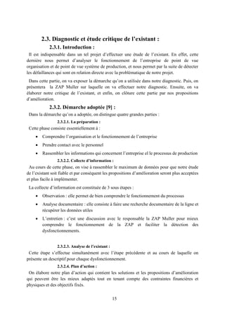 15
2.3. Diagnostic et étude critique de l’existant :
2.3.1. Introduction :
Il est indispensable dans un tel projet d’effectuer une étude de l’existant. En effet, cette
dernière nous permet d’analyser le fonctionnement de l’entreprise de point de vue
organisation et de point de vue système de production, et nous permet par la suite de détecter
les défaillances qui sont en relation directe avec la problématique de notre projet.
Dans cette partie, on va exposer la démarche qu’on a utilisée dans notre diagnostic. Puis, on
présentera la ZAP Muller sur laquelle on va effectuer notre diagnostic. Ensuite, on va
élaborer notre critique de l’existant, et enfin, on clôture cette partie par nos propositions
d’amélioration.
2.3.2. Démarche adoptée [9] :
Dans la démarche qu’on a adoptée, on distingue quatre grandes parties :
2.3.2.1. La préparation :
Cette phase consiste essentiellement à :
 Comprendre l’organisation et le fonctionnement de l’entreprise
 Prendre contact avec le personnel
 Rassembler les informations qui concernent l’entreprise el le processus de production
2.3.2.2. Collecte d’information :
Au cours de cette phase, on vise à rassembler le maximum de données pour que notre étude
de l’existant soit fiable et par conséquent les propositions d’amélioration seront plus acceptées
et plus facile à implémenter.
La collecte d’information est constituée de 3 sous étapes :
 Observation : elle permet de bien comprendre le fonctionnement du processus
 Analyse documentaire : elle consiste à faire une recherche documentaire de la ligne et
récupérer les données utiles
 L’entretien : c’est une discussion avec le responsable la ZAP Muller pour mieux
comprendre le fonctionnement de la ZAP et faciliter la détection des
dysfonctionnements.
2.3.2.3. Analyse de l’existant :
Cette étape s’effectue simultanément avec l’étape précédente et au cours de laquelle on
présente un descriptif pour chaque dysfonctionnement.
2.3.2.4. Plan d’action :
On élabore notre plan d’action qui contient les solutions et les propositions d’amélioration
qui peuvent être les mieux adaptés tout en tenant compte des contraintes financières et
physiques et des objectifs fixés.
 