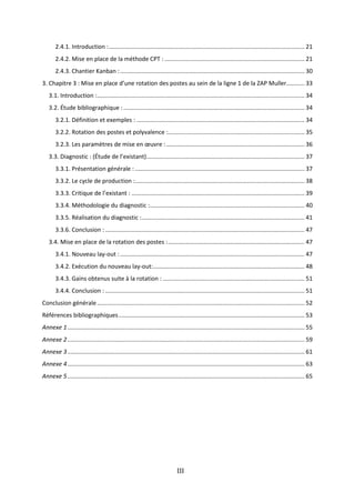 III
2.4.1. Introduction :....................................................................................................................... 21
2.4.2. Mise en place de la méthode CPT : ..................................................................................... 21
2.4.3. Chantier Kanban :................................................................................................................ 30
3. Chapitre 3 : Mise en place d’une rotation des postes au sein de la ligne 1 de la ZAP Muller........... 33
3.1. Introduction :.............................................................................................................................. 34
3.2. Étude bibliographique :.............................................................................................................. 34
3.2.1. Définition et exemples : ...................................................................................................... 34
3.2.2. Rotation des postes et polyvalence :................................................................................... 35
3.2.3. Les paramètres de mise en œuvre :.................................................................................... 36
3.3. Diagnostic : (Étude de l’existant)................................................................................................ 37
3.3.1. Présentation générale : ....................................................................................................... 37
3.3.2. Le cycle de production :....................................................................................................... 38
3.3.3. Critique de l’existant : ......................................................................................................... 39
3.3.4. Méthodologie du diagnostic :.............................................................................................. 40
3.3.5. Réalisation du diagnostic :................................................................................................... 41
3.3.6. Conclusion : ......................................................................................................................... 47
3.4. Mise en place de la rotation des postes :................................................................................... 47
3.4.1. Nouveau lay-out :................................................................................................................ 47
3.4.2. Exécution du nouveau lay-out:............................................................................................ 48
3.4.3. Gains obtenus suite à la rotation : ...................................................................................... 51
3.4.4. Conclusion : ......................................................................................................................... 51
Conclusion générale.............................................................................................................................. 52
Références bibliographiques................................................................................................................. 53
Annexe 1................................................................................................................................................ 55
Annexe 2................................................................................................................................................ 59
Annexe 3................................................................................................................................................ 61
Annexe 4................................................................................................................................................ 63
Annexe 5................................................................................................................................................ 65
 