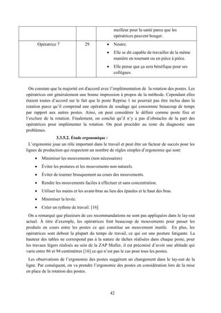 42
meilleur pour la santé parce que les
opératrices peuvent bouger.
Opératrice 7 29  Neutre.
 Elle se dit capable de travailler de la même
manière en tournant ou en pièce à pièce.
 Elle pense que ça sera bénéfique pour ses
collègues.
On constate que la majorité est d'accord avec l’implémentation de la rotation des postes. Les
opératrices ont généralement une bonne impression à propos de la méthode. Cependant elles
étaient toutes d’accord sur le fait que le poste Reprise 1 ne pourrait pas être inclus dans la
rotation parce qu’il comprend une opération de soudage qui consomme beaucoup de temps
par rapport aux autres postes. Ainsi, on peut considérer le définir comme poste fixe et
l’exclure de la rotation. Finalement, on conclut qu’il n’y a pas d’obstacles de la part des
opératrices pour implémenter la rotation. On peut procéder au reste du diagnostic sans
problèmes.
3.3.5.2. Étude ergonomique :
L’ergonomie joue un rôle important dans le travail et peut être un facteur de succès pour les
lignes de production qui respectent un nombre de règles simples d’ergonomie qui sont:
 Minimiser les mouvements (non nécessaires)
 Éviter les postures et les mouvements non naturels.
 Éviter de tourner brusquement au cours des mouvements.
 Rendre les mouvements faciles à effectuer et sans concentration.
 Utiliser les mains et les avant-bras au lieu des épaules et le haut des bras.
 Minimiser la levée.
 Créer un rythme de travail. [16]
On a remarqué que plusieurs de ces recommandations ne sont pas appliquées dans le lay-out
actuel. À titre d’exemple, les opératrices font beaucoup de mouvements pour passer les
produits en cours entre les postes ce qui constitue un mouvement inutile. En plus, les
opératrices sont debout la plupart du temps de travail, ce qui est une posture fatigante. La
hauteur des tables ne correspond pas à la nature de tâches réalisées dans chaque poste, pour
les travaux légers réalisés au sein de la ZAP Muller, il est préconisé d’avoir une altitude qui
varie entre 86 et 94 centimètres [16] ce qui n’est pas le cas pour tous les postes.
Les observations de l’ergonomie des postes suggèrent un changement dans le lay-out de la
ligne. Par conséquent, on va prendre l’ergonomie des postes en considération lors de la mise
en place de la rotation des postes.
 