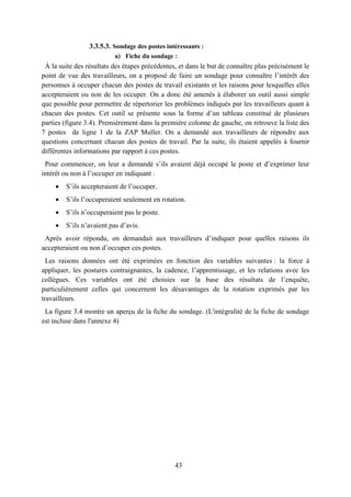 43
3.3.5.3. Sondage des postes intéressants :
a) Fiche du sondage :
À la suite des résultats des étapes précédentes, et dans le but de connaître plus précisément le
point de vue des travailleurs, on a proposé de faire un sondage pour connaître l’intérêt des
personnes à occuper chacun des postes de travail existants et les raisons pour lesquelles elles
accepteraient ou non de les occuper. On a donc été amenés à élaborer un outil aussi simple
que possible pour permettre de répertorier les problèmes indiqués par les travailleurs quant à
chacun des postes. Cet outil se présente sous la forme d’un tableau constitué de plusieurs
parties (figure 3.4). Premièrement dans la première colonne de gauche, on retrouve la liste des
7 postes de ligne 1 de la ZAP Muller. On a demandé aux travailleurs de répondre aux
questions concernant chacun des postes de travail. Par la suite, ils étaient appelés à fournir
différentes informations par rapport à ces postes.
Pour commencer, on leur a demandé s’ils avaient déjà occupé le poste et d’exprimer leur
intérêt ou non à l’occuper en indiquant :
 S’ils accepteraient de l’occuper.
 S’ils l’occuperaient seulement en rotation.
 S’ils n’occuperaient pas le poste.
 S’ils n’avaient pas d’avis.
Après avoir répondu, on demandait aux travailleurs d’indiquer pour quelles raisons ils
accepteraient ou non d’occuper ces postes.
Les raisons données ont été exprimées en fonction des variables suivantes : la force à
appliquer, les postures contraignantes, la cadence, l’apprentissage, et les relations avec les
collègues. Ces variables ont été choisies sur la base des résultats de l’enquête,
particulièrement celles qui concernent les désavantages de la rotation exprimés par les
travailleurs.
La figure 3.4 montre un aperçu de la fiche du sondage. (L'intégralité de la fiche de sondage
est incluse dans l'annexe 4)
 