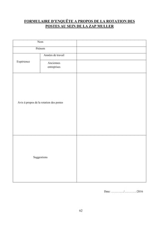 62
FORMULAIRE D’ENQUÊTE A PROPOS DE LA ROTATION DES
POSTES AU SEIN DE LA ZAP MULLER
Nom
Prénom
Expérience
Années de travail
Anciennes
entreprises
Avis à propos de la rotation des postes
Suggestions
Date: …………./…………/2016
 