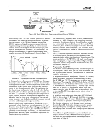 AD9850
                                                                          REF
                                                                         CLOCK


                                                                               DDS CIRCUITRY
                                                         N          PHASE              AMPLITUDE/COS
                                                                                           CONV.                D/A                              CLK
                                                                 ACCUMULATOR                                 CONVERTER        LP   COMPARATOR
                                                                                        ALGORITHM                                                OUT



                                             TUNING WORD SPECIFIES
                                               OUTPUT FREQUENCY
                                              AS A FRACTION OF REF
                                               CLOCK FREQUENCY

                                                                                      IN DIGITAL DOMAIN                  COS (x)


                                                         Figure 16. Basic DDS Block Diagram and Signal Flow of AD9850

wave in analog form. This DAC has been optimized for dynamic                                              The reference clock frequency of the AD9850 has a minimum
performance and low glitch energy as manifested in the low                                                limitation of 1 MHz. The device has internal circuitry that
jitter performance of the AD9850. Since the output of the                                                 senses when the minimum clock rate threshold has been exceeded
AD9850 is a sampled signal, its output spectrum follows the                                               and automatically places itself in the power-down mode. When
Nyquist sampling theorem. Specifically, its output spectrum                                               in this state, if the clock frequency again exceeds the threshold,
contains the fundamental plus aliased signals (images) that                                               the device resumes normal operation. This shutdown mode
occur at multiples of the Reference Clock Frequency ± the                                                 prevents excessive current leakage in the dynamic registers of
selected output frequency. A graphical representation of the                                              the device.
sampled spectrum, with aliased images, is shown in Figure 17.                                             The D/A converter output and comparator inputs are available
                                                                                                          as differential signals that can be flexibly configured in any
                        fOUT
                                     sin(x)/x ENVELOPE           x=(pi)fo/fc                              manner desired to achieve the objectives of the end-system. The
                                                                                                          typical application of the AD9850 is with single-ended output/
 SIGNAL AMPLITUDE




                                    fc–fo                                                                 input analog signals, a single low-pass filter, and generating the
                                                 fc+fo          2fc–fo
                                                                                                          comparator reference midpoint from the differential DAC out-
                                            fc                             2fc+fo        3fc–fo           put as shown in Figure 13.
                                                                                                          Programming the AD9850
                                                                                                          The AD9850 contains a 40-bit register that is used to program the
                                                                                                          32-bit frequency control word, the 5-bit phase modulation word
                       20MHz      80MHz
                    FUNDAMENTAL 1ST IMAGE
                                              120MHz
                                            2ND IMAGE
                                                              180MHz
                                                             3RD IMAGE
                                                                           220MHz
                                                                          4TH IMAGE
                                                                                       280MHz
                                                                                      5TH IMAGE
                                                                                                          and the power-down function. This register can be loaded in a
                                        100MHz                                                            parallel or serial mode.
                                  REFERENCE CLOCK
                                      FREQUENCY
                                                                                                          In the parallel load mode, the register is loaded via an 8-bit bus;
                      Figure 17. Output Spectrum of a Sampled Signal                                      the full 40-bit word requires five iterations of the 8-bit word.
                                                                                                          The W_CLK and FQ_UD signals are used to address and load
In this example, the reference clock is 100 MHz and the output
                                                                                                          the registers. The rising edge of FQ_UD loads the (up to) 40-bit
frequency is set to 20 MHz. As can be seen, the aliased images
                                                                                                          control data word into the device and resets the address pointer
are very prominent and of a relatively high energy level as deter-
                                                                                                          to the first register. Subsequent W_CLK rising edges load the
mined by the sin(x)/x roll-off of the quantized D/A converter
                                                                                                          8-bit data on words [7:0] and move the pointer to the next
output. In fact, depending on the fo/Ref Clk relationship, the
                                                                                                          register. After five loads, W_CLK edges are ignored until either
first aliased image can be on the order of –3 dB below the fun-
                                                                                                          a reset or an FQ_UD rising edge resets the address pointer to
damental. A low-pass filter is generally placed between the out-
                                                                                                          the first register.
put of the D/A converter and the input of the comparator to
further suppress the effects of aliased images. Obviously, con-                                           In serial load mode, subsequent rising edges of W_CLK shift
sideration must be given to the relationship of the selected                                              the 1-bit data on Lead 25 (D7) through the 40 bits of program-
output frequency and the Reference Clock frequency to avoid                                               ming information. After 40 bits are shifted through, an FQ_UD
unwanted (and unexpected) output anomalies.                                                               pulse is required to update the output frequency (or phase).
A good rule-of-thumb for applying the AD9850 as a clock                                                   The function assignments of the data and control words are
generator is to limit the selected output frequency to <33% of                                            shown in Table III; the detailed timing sequence for updating
Reference Clock frequency, thereby avoiding generating aliased                                            the output frequency and/or phase, resetting the device, and
signals that fall within, or close to, the output band of interest                                        powering-up/down, are shown in the timing diagrams of Figures
(generally dc-selected output frequency). This practice will ease                                         18–24.
the complexity (and cost) of the external filter requirement for                                          Note: There are specific control codes, used for factory test
the clock generator application.                                                                          purposes, that render the AD9850 temporarily inoperable. The
                                                                                                          user must take deliberate precaution to avoid inputting the
                                                                                                          codes listed in Table II.



REV. E                                                                                                 –9–
 