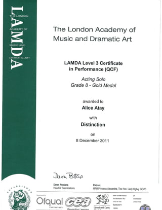 LAMDA Acting Solo Gold Certificate