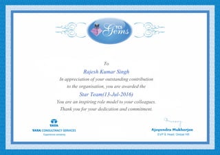 To
Rajesh Kumar Singh
In appreciation of your outstanding contribution
to the organisation, you are awarded the
Star Team(13-Jul-2016)
You are an inspiring role model to your colleagues.
Thank you for your dedication and commitment.
 