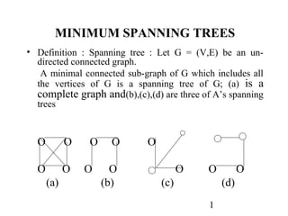 1
MINIMUM SPANNING TREES
• Definition : Spanning tree : Let G = (V,E) be an un-
directed connected graph.
A minimal connected sub-graph of G which includes all
the vertices of G is a spanning tree of G; (a) is a
complete graph and(b),(c),(d) are three of A’s spanning
trees
O O O O O
O O O O O O O
(a) (b) (c) (d)
 