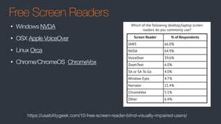 Free Screen Readers
• Windows NVDA
• OSX Apple VoiceOver
• Linux Orca
• Chrome/ChromeOS ChromeVox
https://usabilitygeek.com/10-free-screen-reader-blind-visually-impaired-users/
 