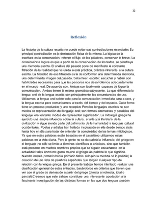 22
Reflexión
La historia de la cultura escrita no puede evitar sus contradicciones esenciales Su
principal contradicción es la destrucción física de la misma. La lógica de la
escritura es la conservación, retener el flujo de las palabras, conservar lo breve. La
consecuencia lógica es que a partir de la conservación de los textos se constituya
una memoria escrita. El análisis del pasado pone de manifiesto la constante
filtración de la realidad que va unida a esta práctica, práctica inherente a la cultura
escrita. La finalidad de esa filtración es la de conformar una determinada memoria,
una determinada imagen del pasado. Saber leer, escribir, escuchar y hablar son
habilidades necesarias para que las personas nos desarrollemos adecuadamente
en el mundo real. De acuerdo con. Ambas son totalmente capaces de lograr la
comunicación. Ambas tienen la misma gramática subyacente. Lo que diferencia la
lengua oral de la lengua escrita son principalmente las circunstancias de uso.
Utilizamos la lengua oral sobre todo para la comunicación inmediata cara a cara, y
la lengua escrita para comunicarnos a través del tiempo y del espacio. Cada forma
tiene un proceso productivo y uno receptivo Pero los lenguajes escritos no son
modos de representación del lenguaje oral; son formas alternativas y paralelas del
lenguaje oral en tanto modos de representar significado”. La mitología griega ha
ejercido una amplia influencia sobre la cultura, el arte y la literatura de la
civilización y sigue siendo parte del patrimonio de la humanidad y lenguaje cultural
occidentales. Poetas y artistas han hallado inspiración en ella desde tiempo atrás
hasta hoy en día para tratar de entender la complejidad de los temas mitológicos.
Ya que en estas palabras están basadas en el castellano utilizamos estas
palabras en la vida diaria. Pero la gente no se da cuéntala influencia del griego en
el lenguaje no sólo se limita a términos científicos o artísticos, sino que también
está presente en muchos nombres propios que se siguen escuchando en la
actualidad tales como.me gustó mucho el griego las palabra lo que significa.
Nuestro interés primario había primario había sido (en la medida de lo posible) la
creación de una lista de palabras españolas que tengan cualquier tipo de
relación con la lengua griega. En el presente trabajo hemos intentado realizar una
clasificación general de estas entradas, basándonos en criterios que tienen que
ver con el grado de derivación a partir del griego (directa o indirecta, total o
parcial).Creemos que este trabajo constituye una interesante aportación a la
fascinante investigación de las distintas formas en las que dos lenguas pueden
 