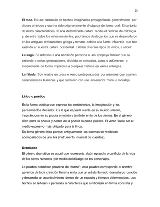 25
El mito. Es una narración de hechos imaginarios protagonizada generalmente por
dioses o héroes y que ha sido originariamente divulgada de forma oral. El conjunto
de mitos característicos de una determinada cultura recibe el nombre de mitología
y, de entre todos los mitos existentes, podríamos destacar los que se desarrollaron
en las antiguas civilizaciones griega y romana debido a la fuerte influencia que han
ejercido en nuestra cultura occidental. Existen diversos tipos de mitos, a saber:
La saga. Se referirse a una narración parecida a una epopeya familiar que se
extiende a varias generaciones, dividida en episodios, actos o volúmenes; o
simplemente de forma imprecisa a cualquier historia en varias entregas.
La fábula. Son relatos en prosa o verso protagonizados por animales que asumen
características humanas y que terminan con una enseñanza moral o moraleja.
Lirico o poético
Es la forma poética que expresa los sentimientos, la imaginación y los
pensamientos del autor. Es lo que el poeta siente en su mundo interior,
inspirándose en su propia emoción y también en la de los demás. En el género
lírico entra la poesía y dentro de la poesía la prosa poética. El verso suele ser el
medio expresivo más utilizado para la lírica.
Se llama género lírico porque antiguamente los poemas se recitaban
acompañados de una lira (instrumento musical de cuerdas).
Dramático
El género dramático es aquel que representa algún episodio o conflicto de la vida
de los seres humanos por medio del diálogo de los personajes.
La palabra dramático proviene de “drama”; esta palabra corresponde al nombre
genérico de toda creación literaria en la que un artista llamado dramaturgo concibe
y desarrolla un acontecimiento dentro de un espacio y tiempos determinados. Los
hechos se refieren a personas o caracteres que simbolizan en forma concreta y
 