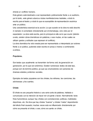26
directa un conflicto humano.
Este género está destinado a ser representado públicamente frente a un auditorio,
por lo tanto, este género abarca a todas manifestaciones teatrales, a todo lo
escrito para el teatro y a todo lo que es susceptible de representación escénica
ante un público.
Una característica esencial es la acción. Lo que sucede en la obra no está descrito
ni narrado ni comentado directamente por el dramaturgo, sino visto por el
espectador. La obra está escrita, pero lo principal en ella es lo que ocurre (debido
a esto, existen obras dramáticas sin palabras, o sea mudas, en las cuales se
utilizan gestos y actitudes que expresan el conflicto).
La obra dramática ha sido creada para ser representada o interpretada por actores
frente a un público, pudiendo estar escrita en prosa o inverso o combinando
a ambos.
Populares.
Son textos que usualmente se transmiten de forma oral, de generación en
generación, por lo que son anónimos. Existen numerosos textos de este tipo,
porque son de dominio público, ya que sus enunciadores son personas de
diversas edades y entornos sociales.
Ejemplos de textos populares son los chistes, los refranes, las canciones, las
adivinanzas y los cuentos.
Chiste
El chiste es una pequeña historia o una serie corta de palabras, hablada o
comunicada con la intención de hacer reír al oyente o lector. Normalmente tiene
fines humorísticos aunque hay chistes con connotaciones políticas, rivalidades
deportivas, etc. Se dice que hay chistes “buenos” y chistes “malos” dependiendo
del efecto final causado; muchas veces esto es influenciado directamente por
cómo se presenta el chiste, o sea, cómo se cuenta un chiste.
 